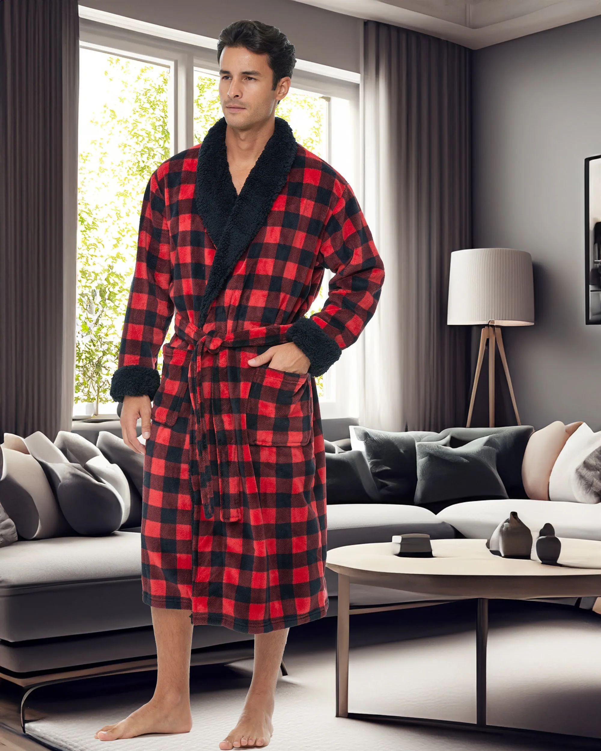 Men's Plush Sherpa Robe, Warm Bathrobe with Pockets