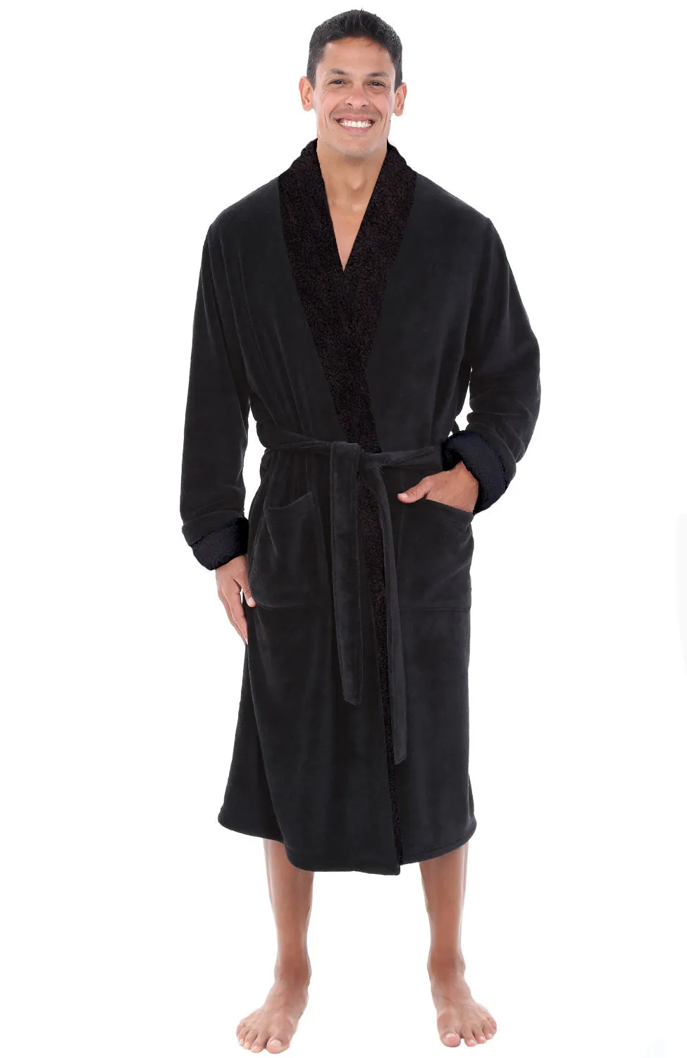 Men's Plush Sherpa Robe, Warm Bathrobe with Pockets