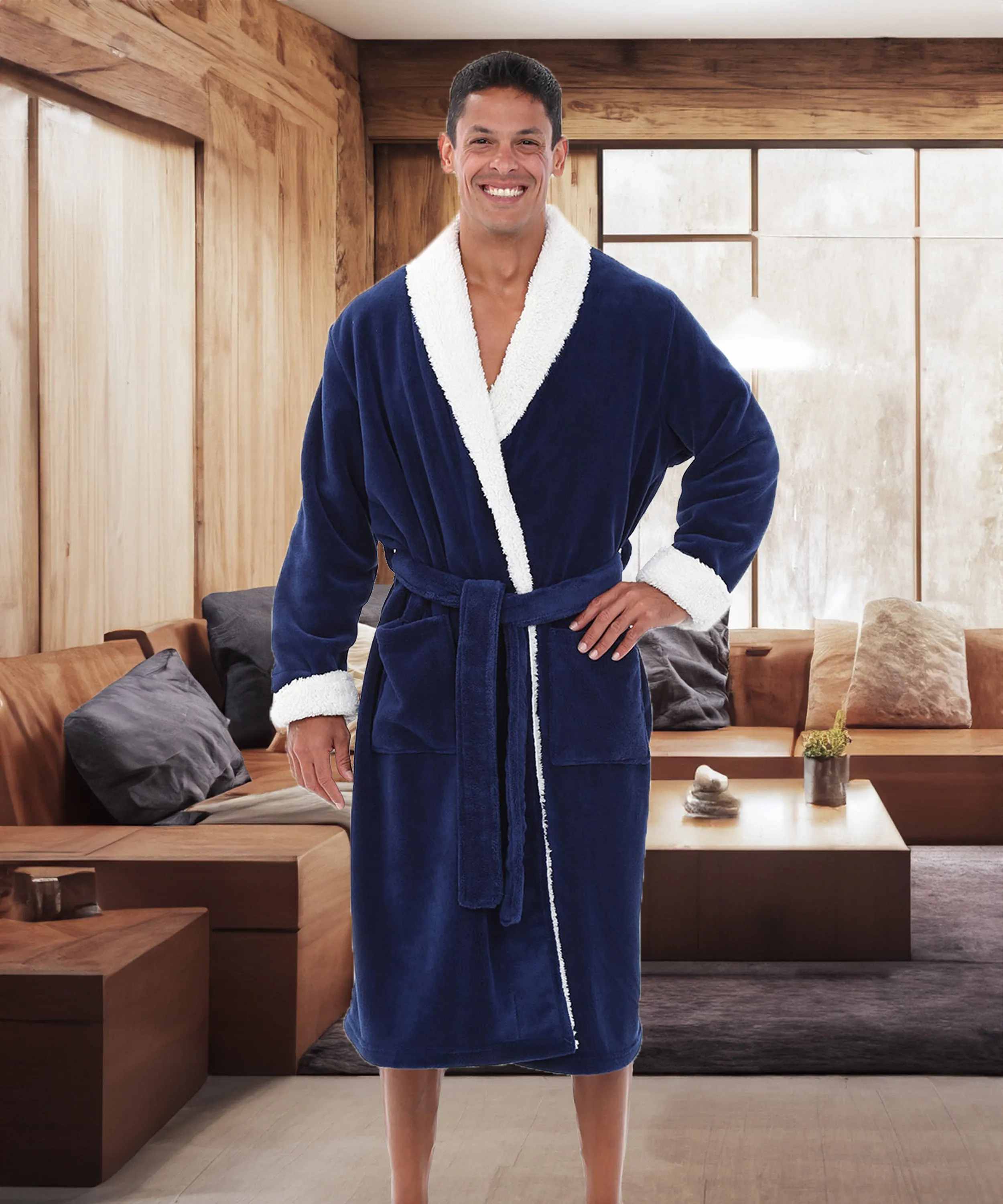 Men's Plush Sherpa Robe, Warm Bathrobe with Pockets
