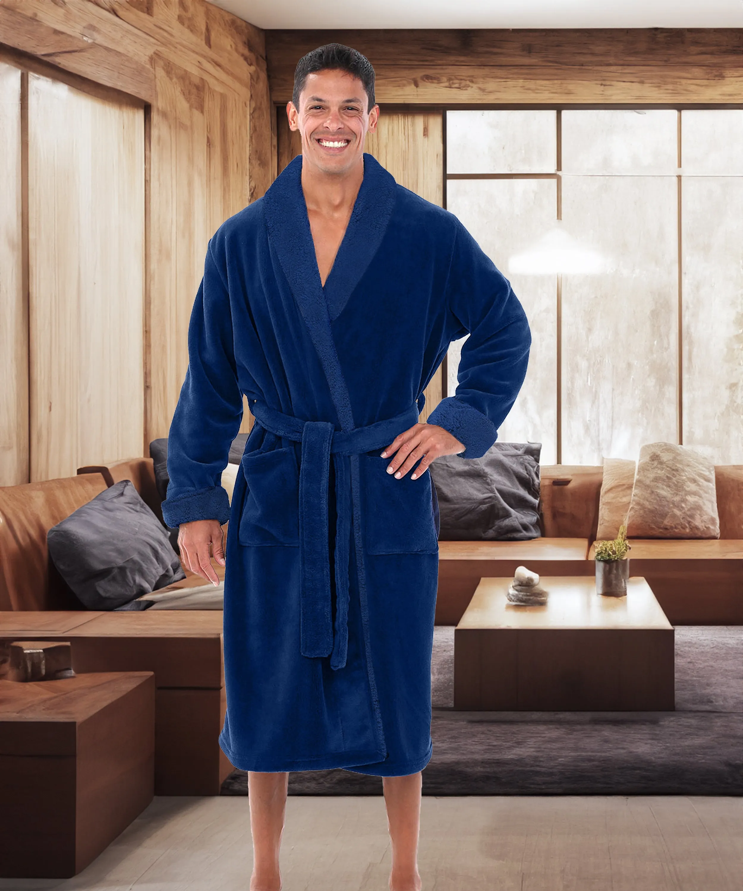 Men's Plush Sherpa Robe, Warm Bathrobe with Pockets