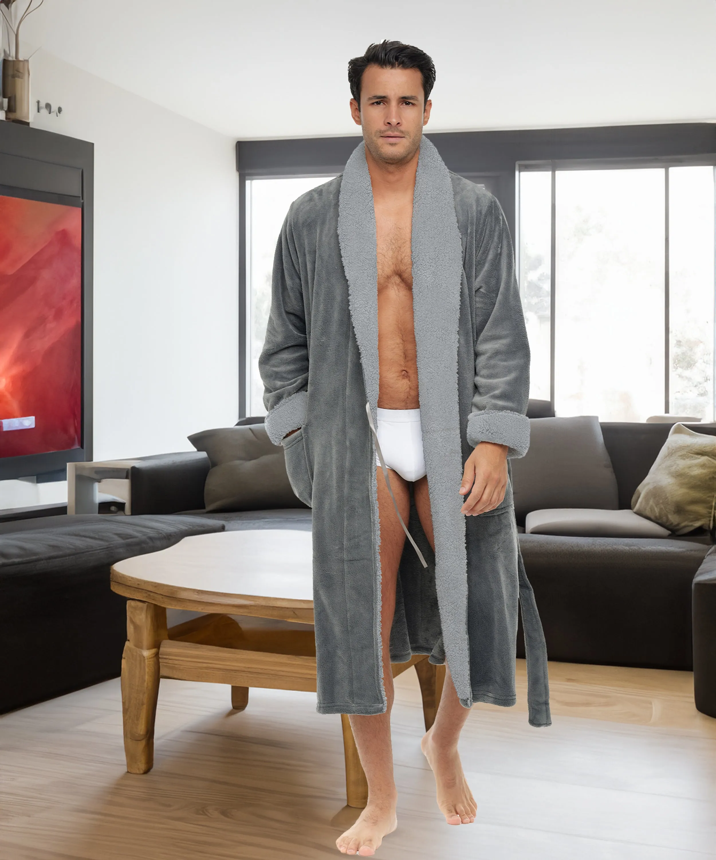 Men's Plush Sherpa Robe, Warm Bathrobe with Pockets