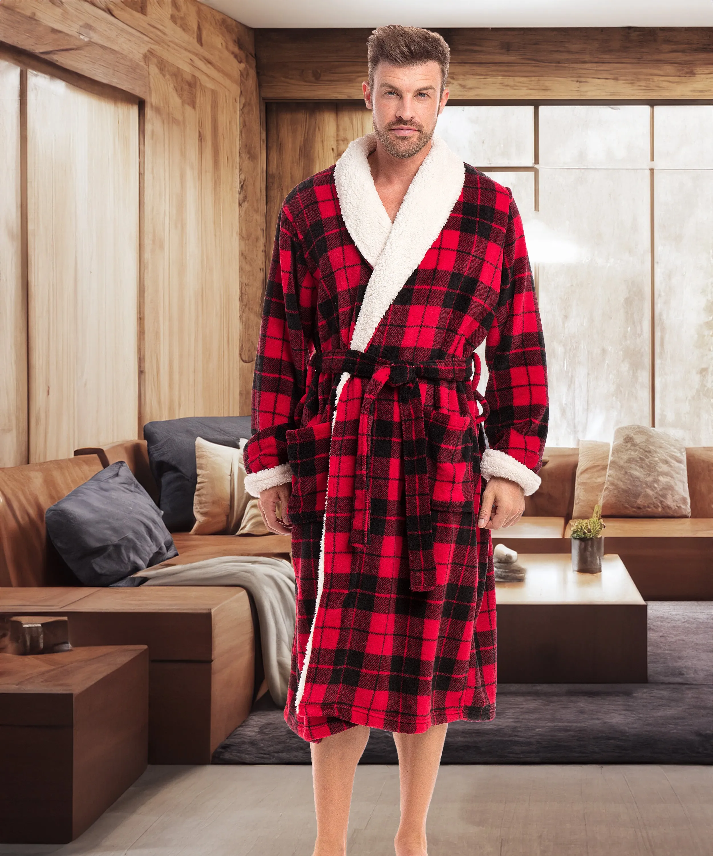 Men's Plush Sherpa Robe, Warm Bathrobe with Pockets