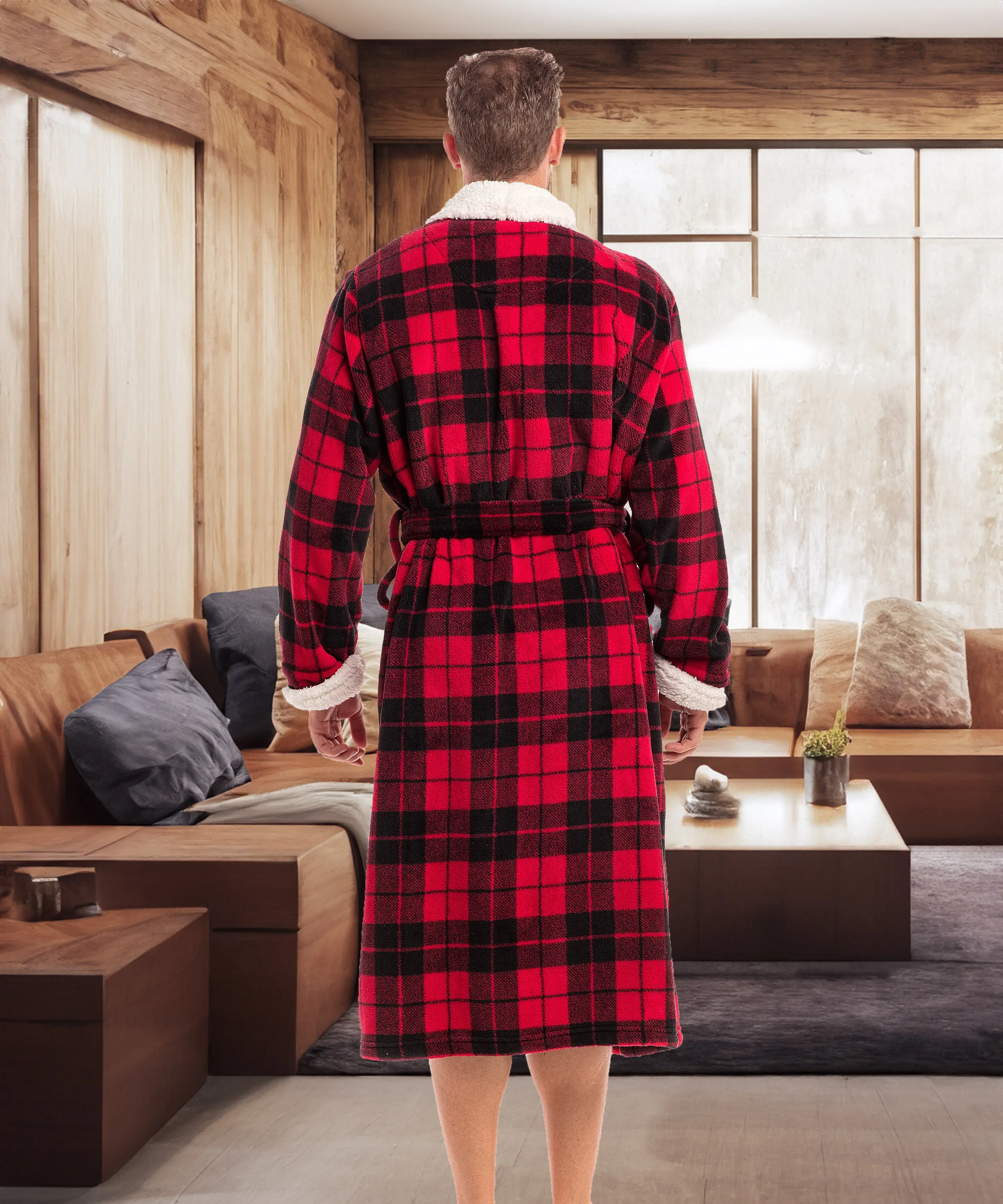 Men's Plush Sherpa Robe, Warm Bathrobe with Pockets