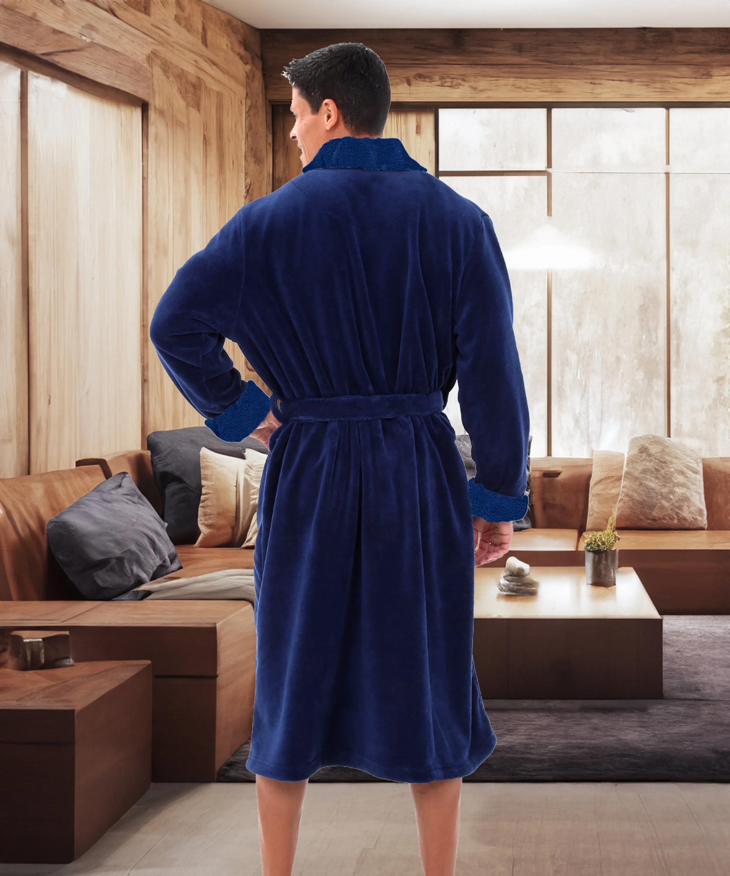 Men's Plush Sherpa Robe, Warm Bathrobe with Pockets