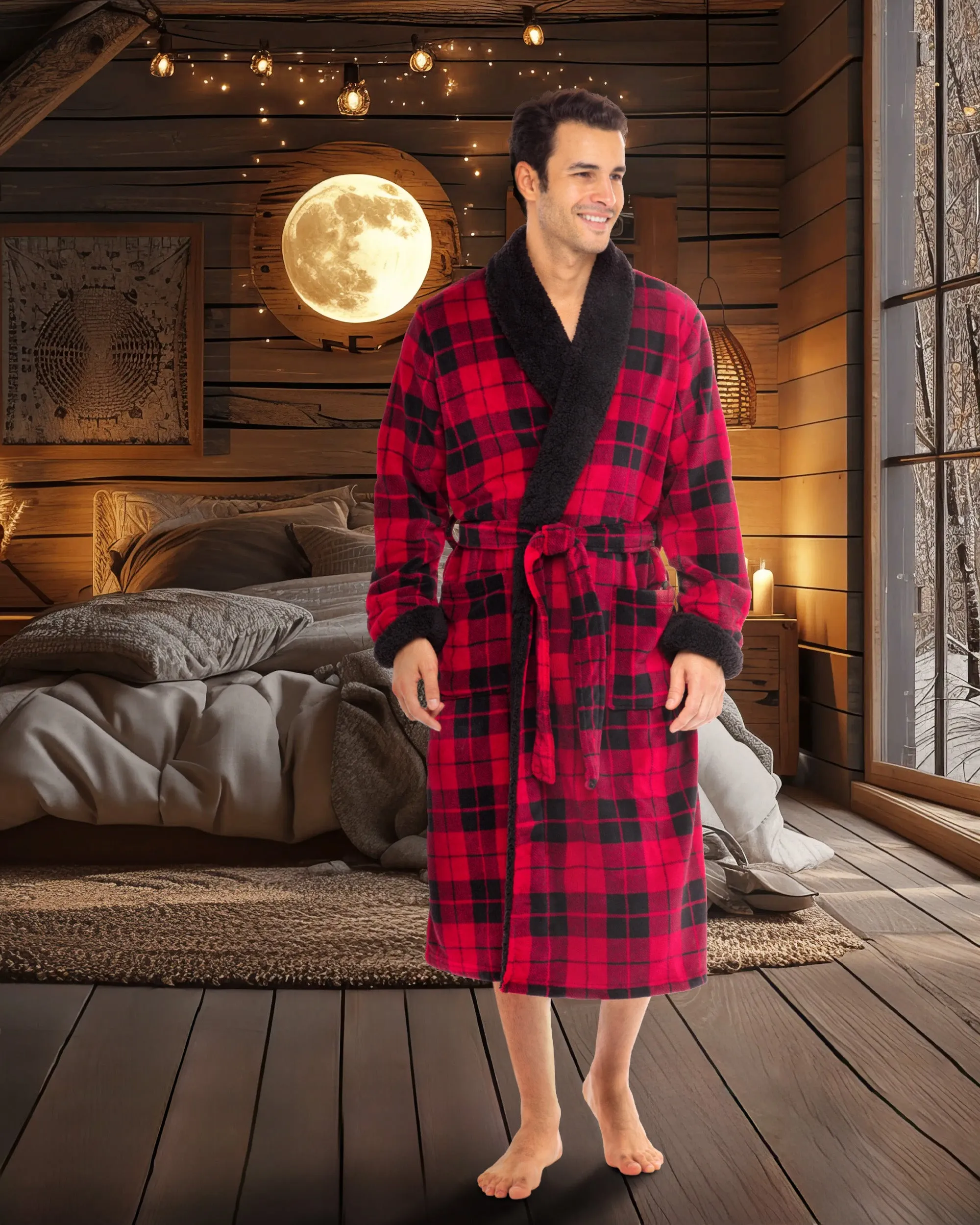 Men's Plush Sherpa Robe, Warm Bathrobe with Pockets