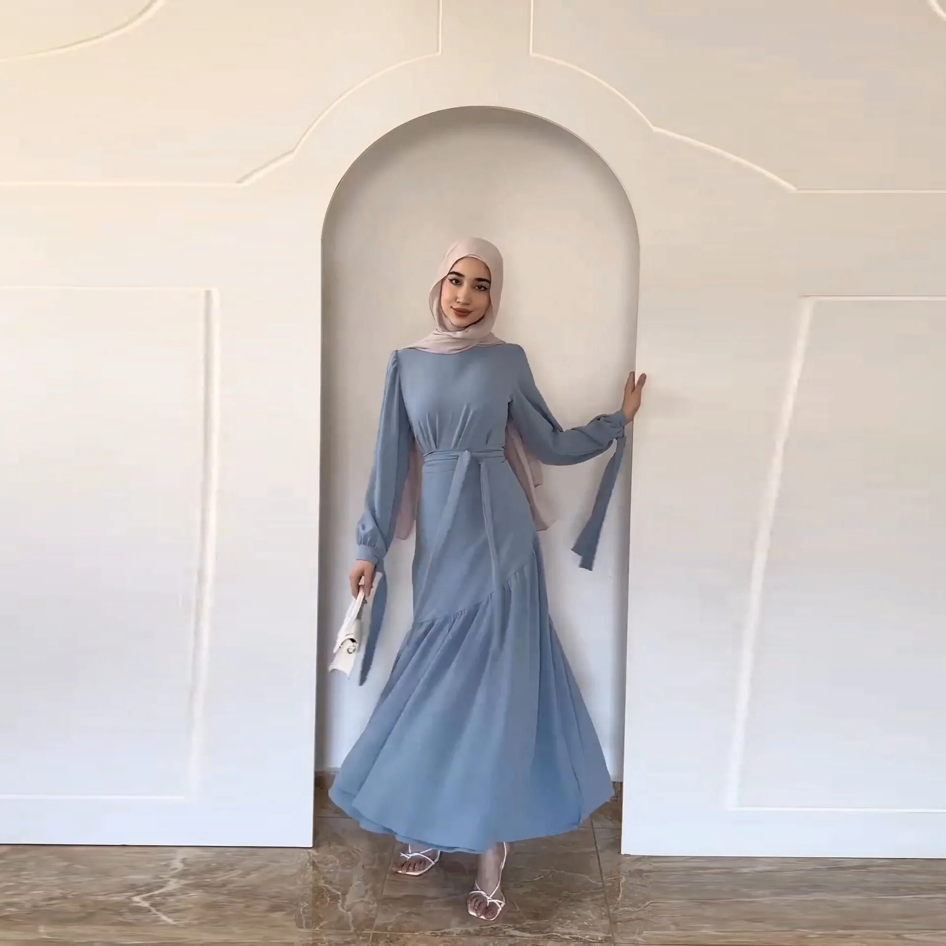 Middle East Arab Muslim Dubai Autumn New Fashion Long Sleeve Lace-up Half Body Dress Suit