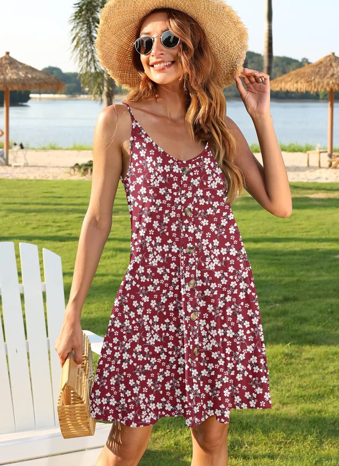 MISFAY Women Summer Spaghetti Strap Button Down V Neck Sleeveless Causal Beach Cover Up Dress with Pockets