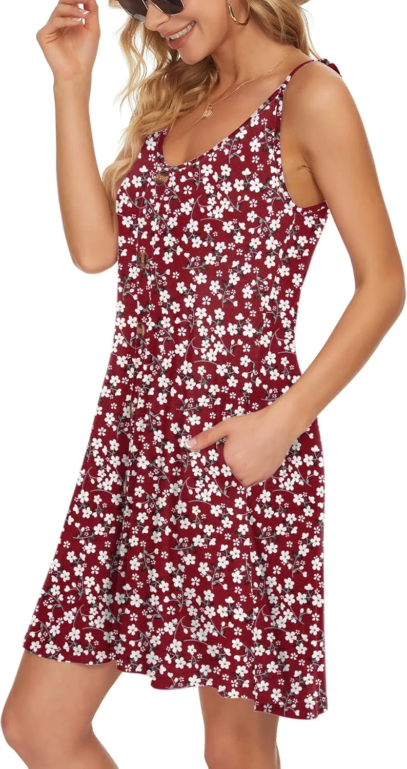 MISFAY Women Summer Spaghetti Strap Button Down V Neck Sleeveless Causal Beach Cover Up Dress with Pockets
