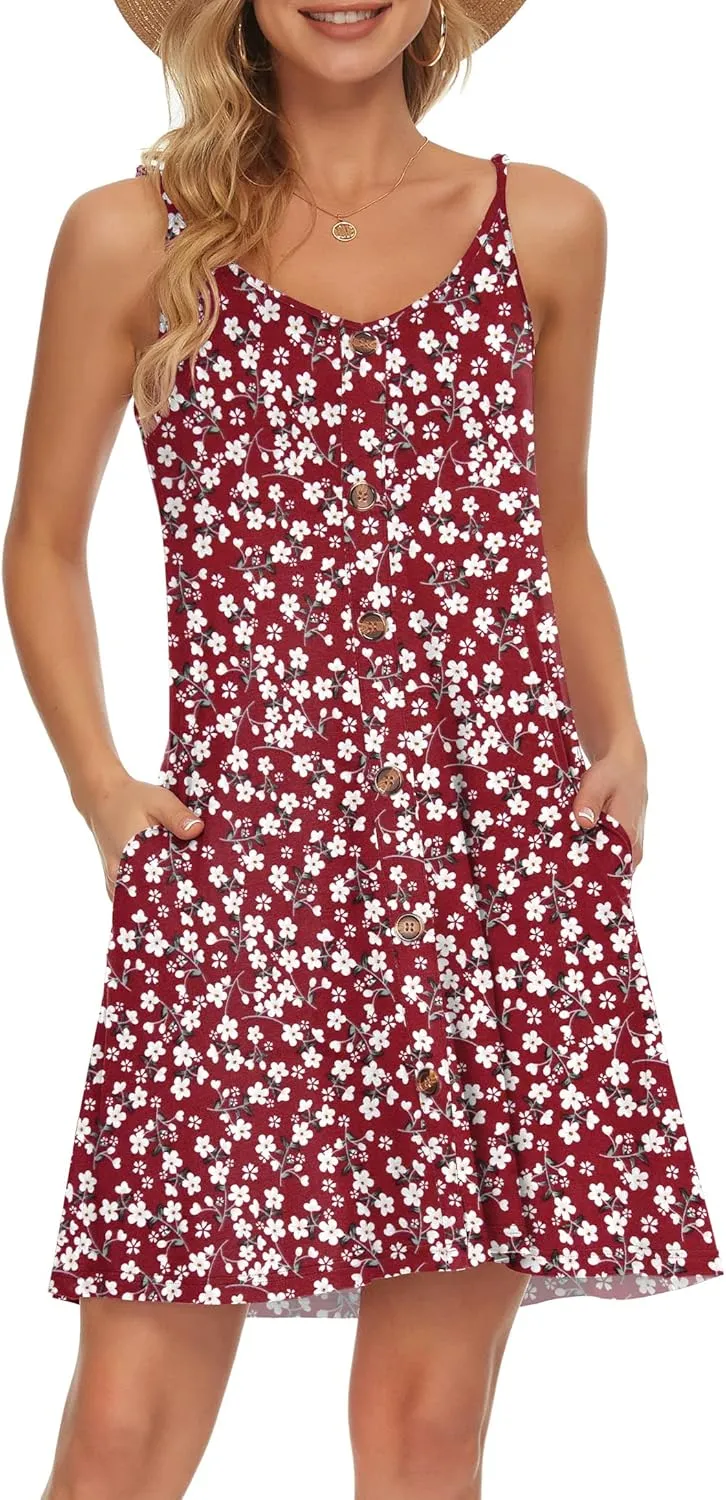 MISFAY Women Summer Spaghetti Strap Button Down V Neck Sleeveless Causal Beach Cover Up Dress with Pockets