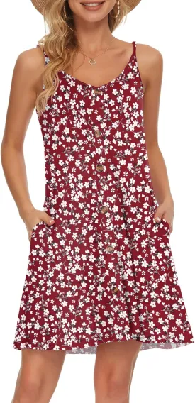 MISFAY Women Summer Spaghetti Strap Button Down V Neck Sleeveless Causal Beach Cover Up Dress with Pockets