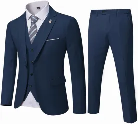 MY'S Men's 3 Piece Solid Suit Set, One Button Slim Fit Jacket Vest Pants with Tie
