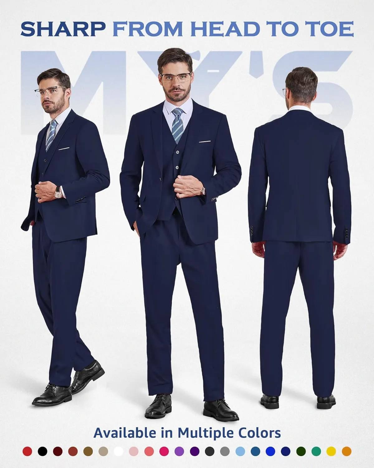 MY'S Men's 3 Piece Solid Suit Set, One Button Slim Fit Jacket Vest Pants with Tie