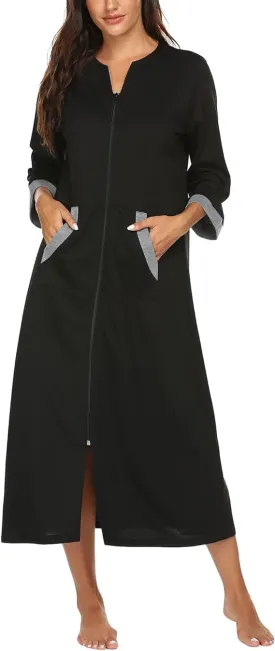 NEW Ekouaer Women Zipper Robe 3/4 Sleeves Loungewear Full Length Sleepwear Pockets Housecoat Long Soft Bathrobe, Black, Sz XL, Retails $62