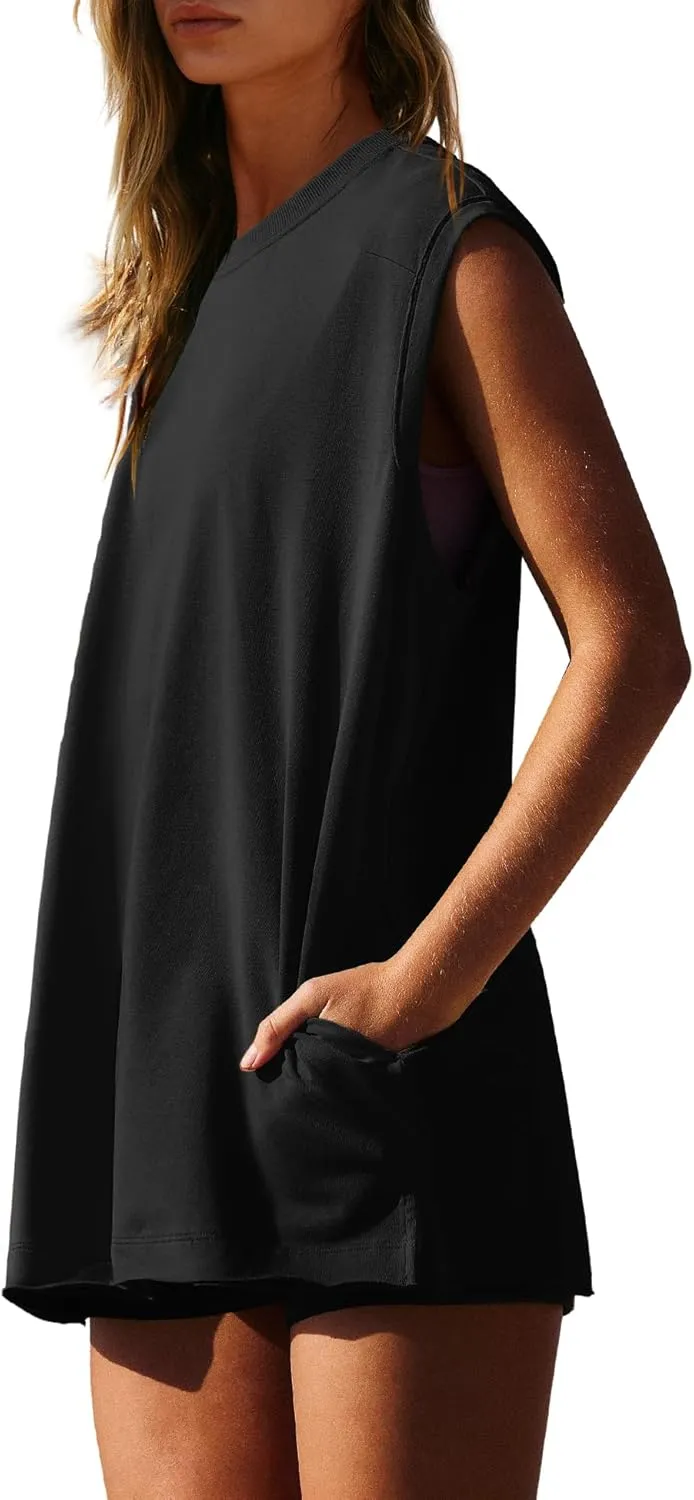 Nirovien Womens 2 Piece Lounge Set Two Piece Matching Set Workout Short Sets Tunic Tops High Waist Shorts