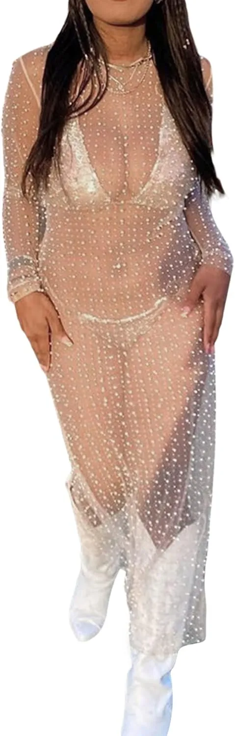 NUFIWI Women Sexy See Through Pearl Rhinestone Cover Up Summer Beach Sheer Mesh Long Dress Bikini Cover Ups