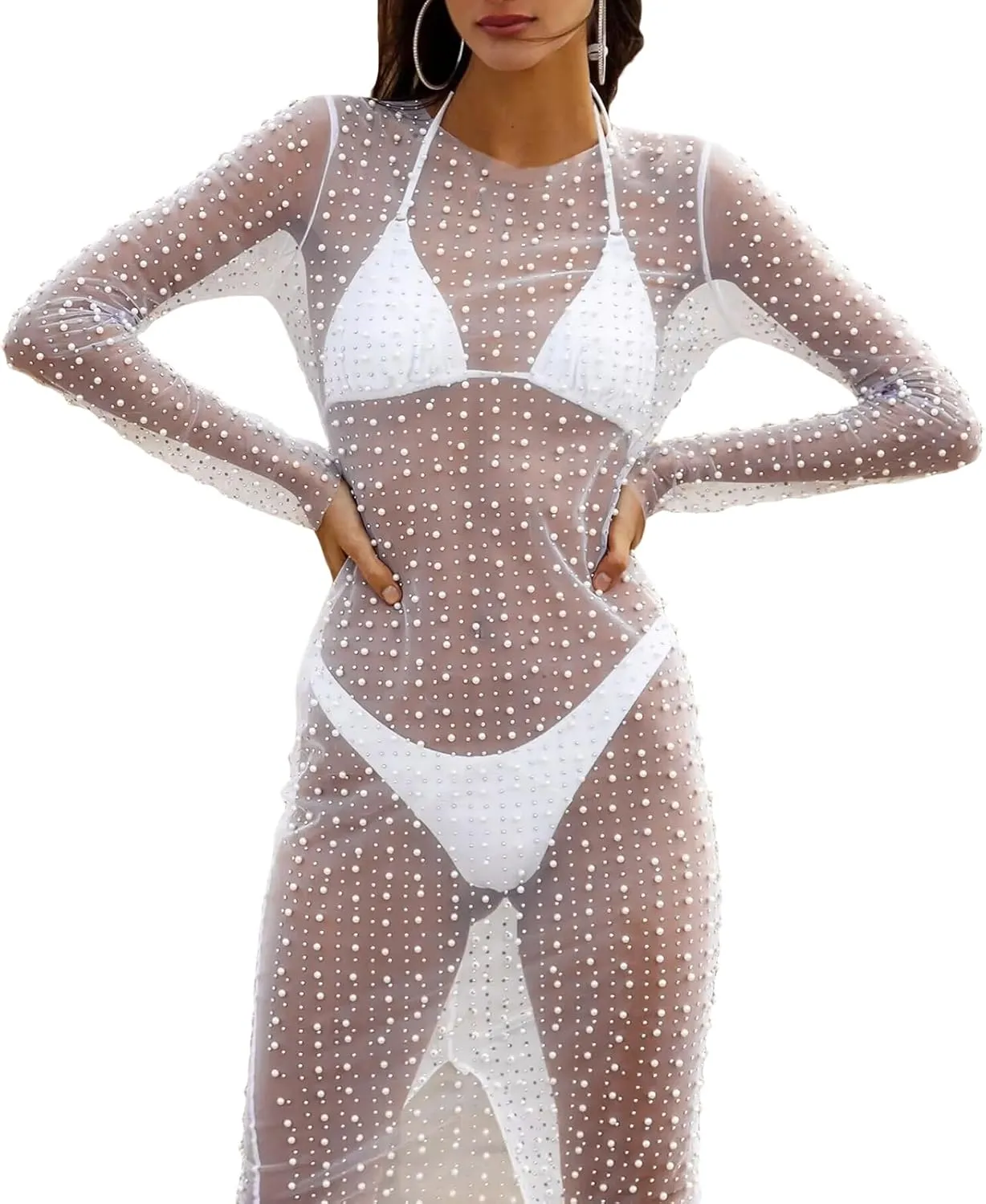 NUFIWI Women Sexy See Through Pearl Rhinestone Cover Up Summer Beach Sheer Mesh Long Dress Bikini Cover Ups