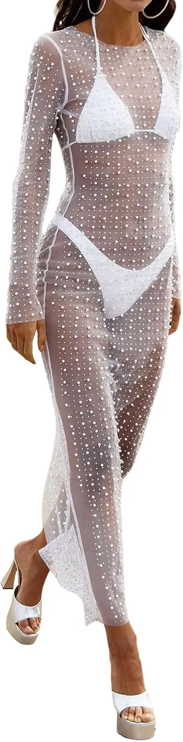 NUFIWI Women Sexy See Through Pearl Rhinestone Cover Up Summer Beach Sheer Mesh Long Dress Bikini Cover Ups