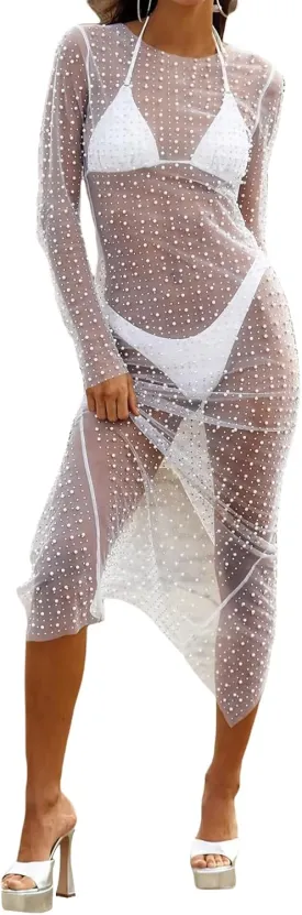 NUFIWI Women Sexy See Through Pearl Rhinestone Cover Up Summer Beach Sheer Mesh Long Dress Bikini Cover Ups
