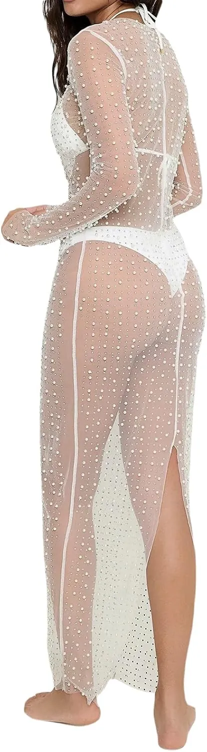 NUFIWI Women Sexy See Through Pearl Rhinestone Cover Up Summer Beach Sheer Mesh Long Dress Bikini Cover Ups
