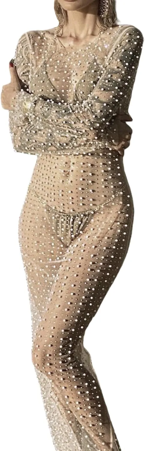 NUFIWI Women Sexy See Through Pearl Rhinestone Cover Up Summer Beach Sheer Mesh Long Dress Bikini Cover Ups