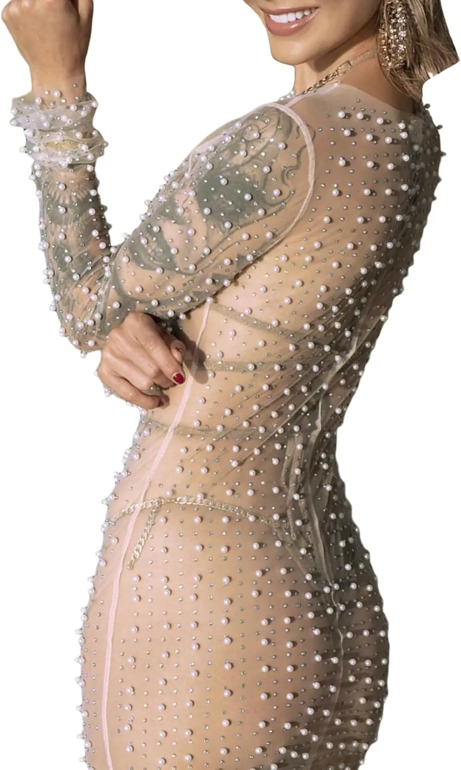 NUFIWI Women Sexy See Through Pearl Rhinestone Cover Up Summer Beach Sheer Mesh Long Dress Bikini Cover Ups