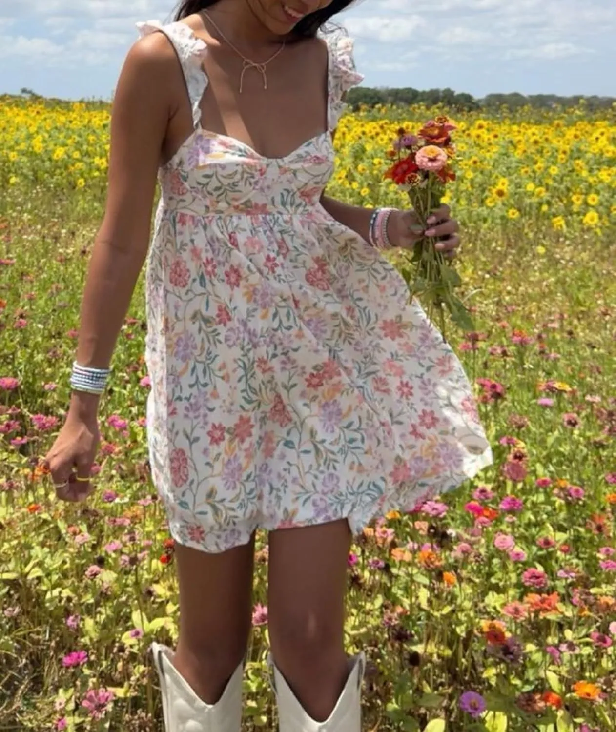 NUFIWI Y2K Ruffle Hem Babydoll Mini Dresses Square Neck Spaghetti Strap Short Dresses Boho Flowy Patchwork Sundress Vocation