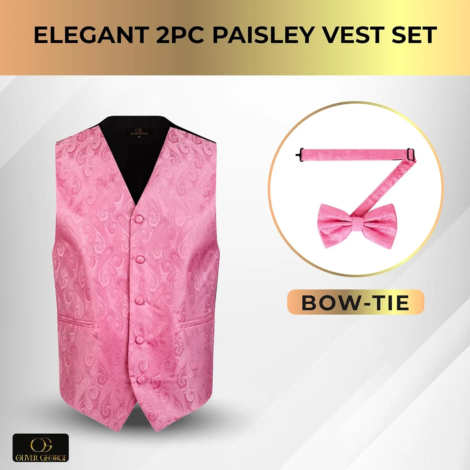 Oliver George Men's Paisley Formal Waistcoat Tuxedo Dress Vest Bow Tie Set for Suit or Tuxedo