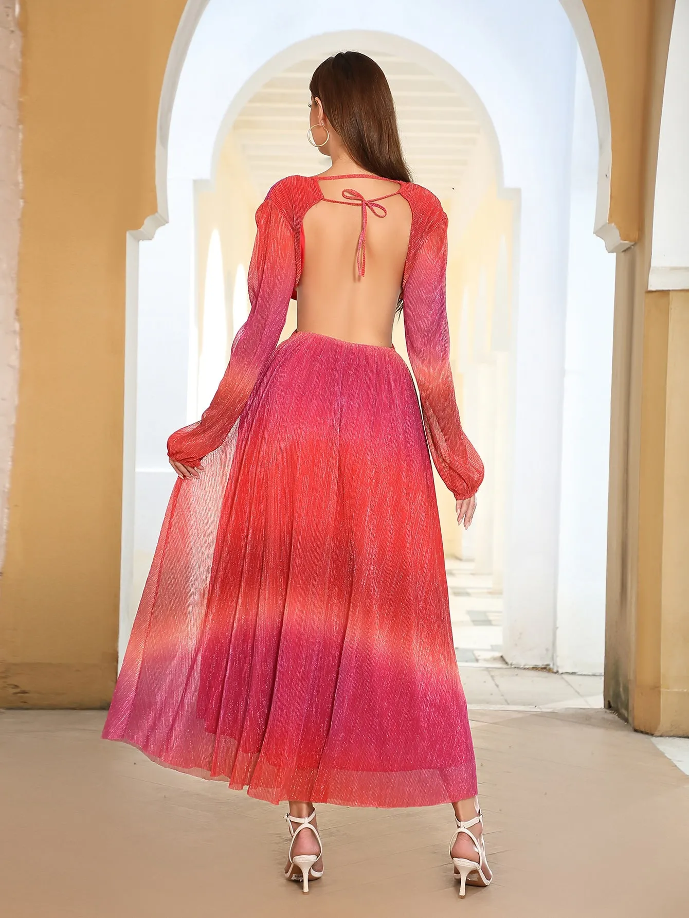Ombre Plunging Neck Lantern Sleeve Cut Out Dress