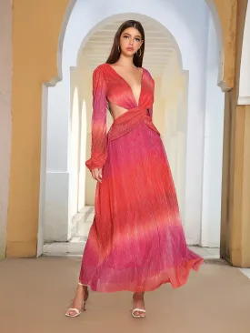 Ombre Plunging Neck Lantern Sleeve Cut Out Dress