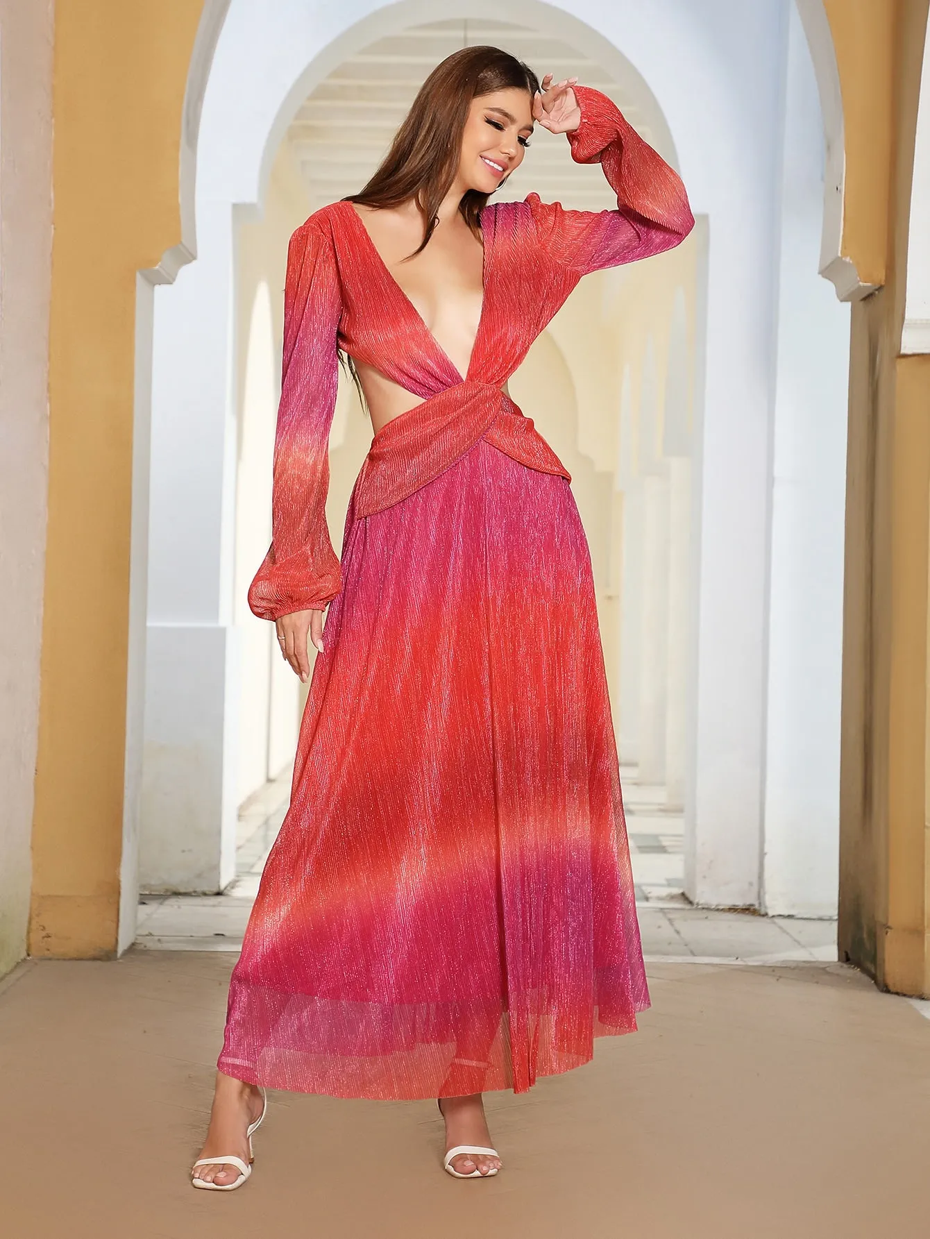 Ombre Plunging Neck Lantern Sleeve Cut Out Dress