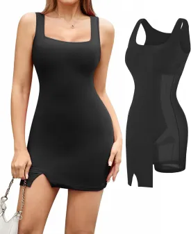 Popilush Cocktail Dresses for Women Built in Shapewear Bra 8 in 1 Square Neck Mini Slit Bodycon Summer Dress