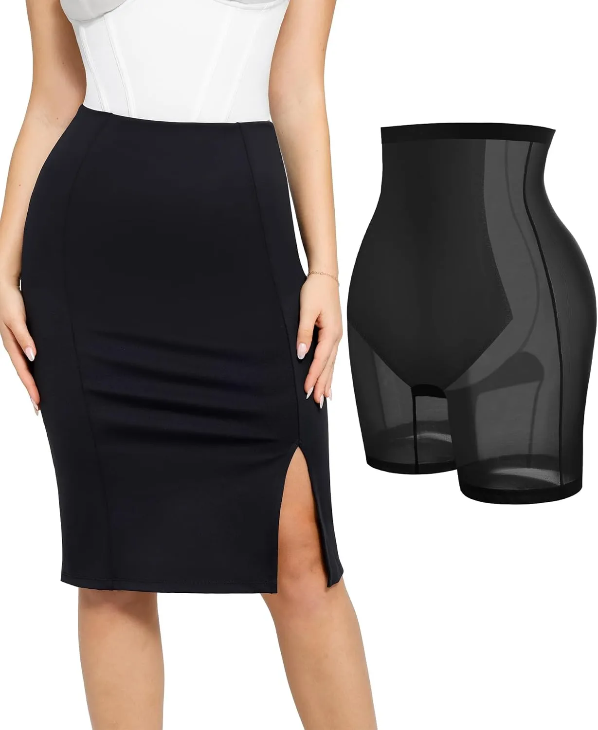 Popilush Shapewear Skirt Work Pencil Skirt with Built in Shapewear High Waisted Bodycon Midi Skirts for Women Office
