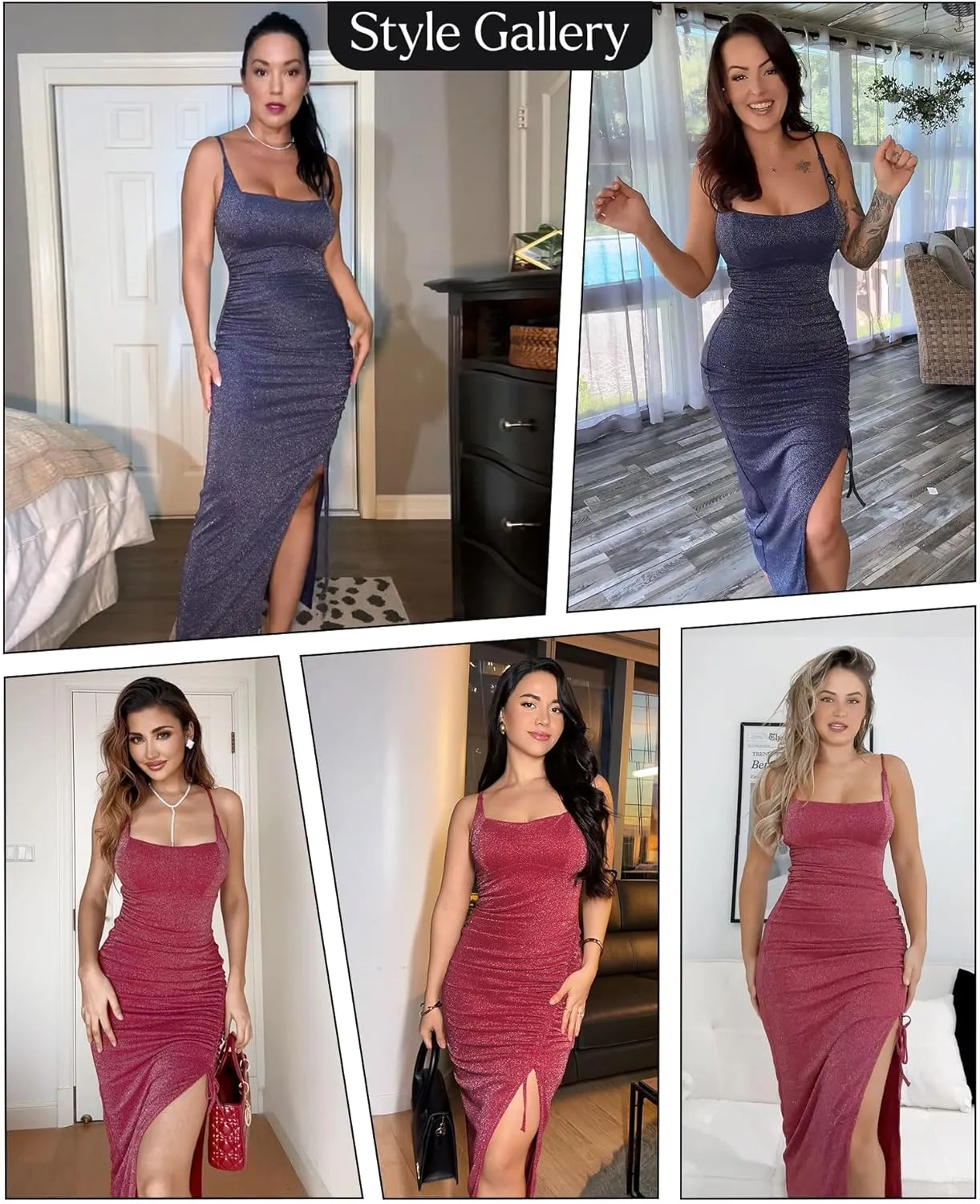 Popilush Sparkly Cocktail Dresses for Women Tummy Control Formal Shapewear Dress Square Neck Ruched Midi Dress Side Slit