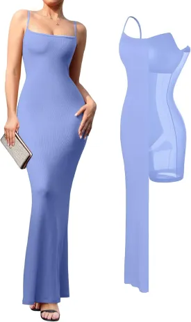 Popilush Summer Maxi Dress for Women - Cocktail Shapewear Dresses Built-in Bra Adjustable Straps Vacation Long Slip