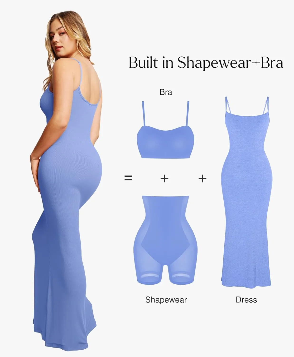 Popilush Summer Maxi Dress for Women - Cocktail Shapewear Dresses Built-in Bra Adjustable Straps Vacation Long Slip
