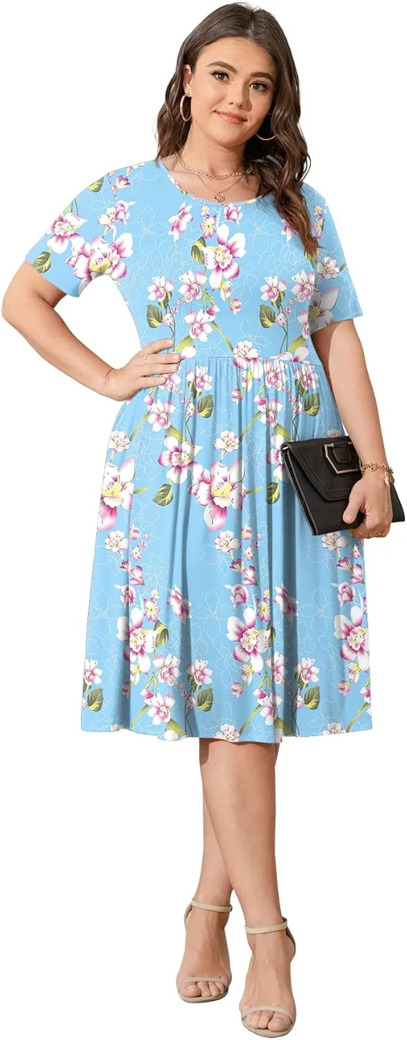POSESHE Womens Plus Size Summer Dress 2025 Casual Short Sleeve Empire Waist Loose Fit Swing T-Shirt Dress with Pockets
