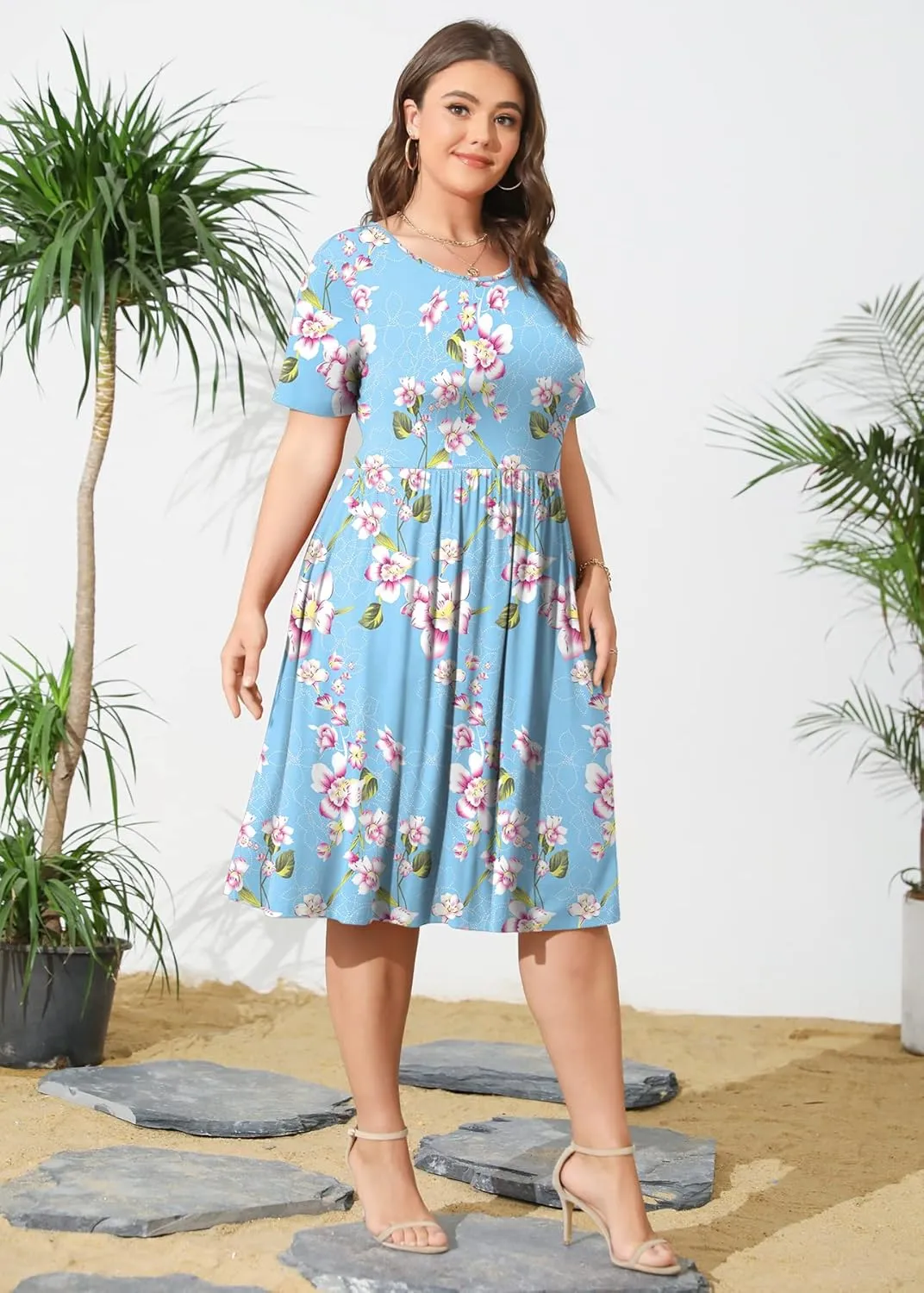 POSESHE Womens Plus Size Summer Dress 2025 Casual Short Sleeve Empire Waist Loose Fit Swing T-Shirt Dress with Pockets