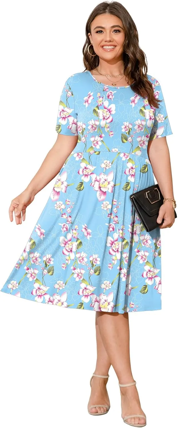 POSESHE Womens Plus Size Summer Dress 2025 Casual Short Sleeve Empire Waist Loose Fit Swing T-Shirt Dress with Pockets