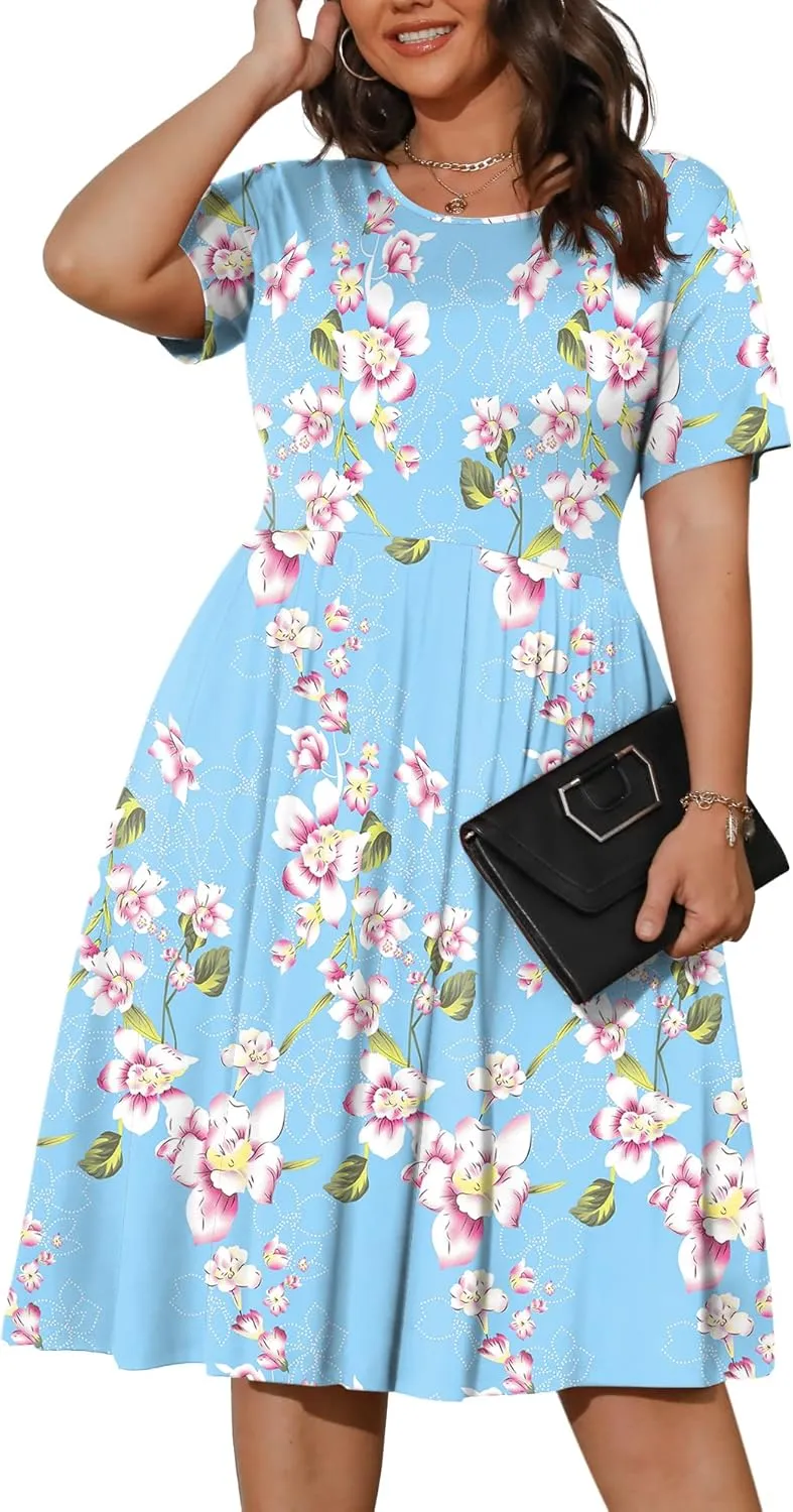 POSESHE Womens Plus Size Summer Dress 2025 Casual Short Sleeve Empire Waist Loose Fit Swing T-Shirt Dress with Pockets
