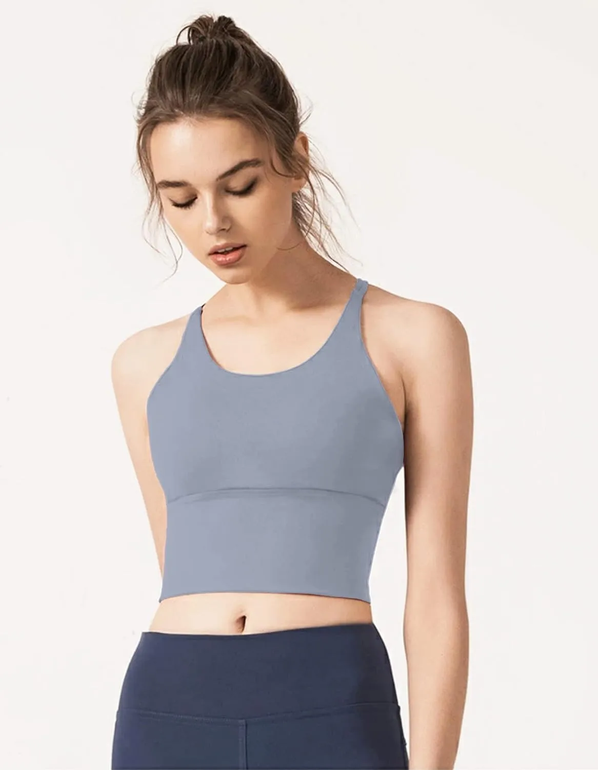 Redqenting Longline Sports Bra for Women with Removable Padded,Sexy Criss Cross Back Strappy Yoga Bras Workout Tank Tops