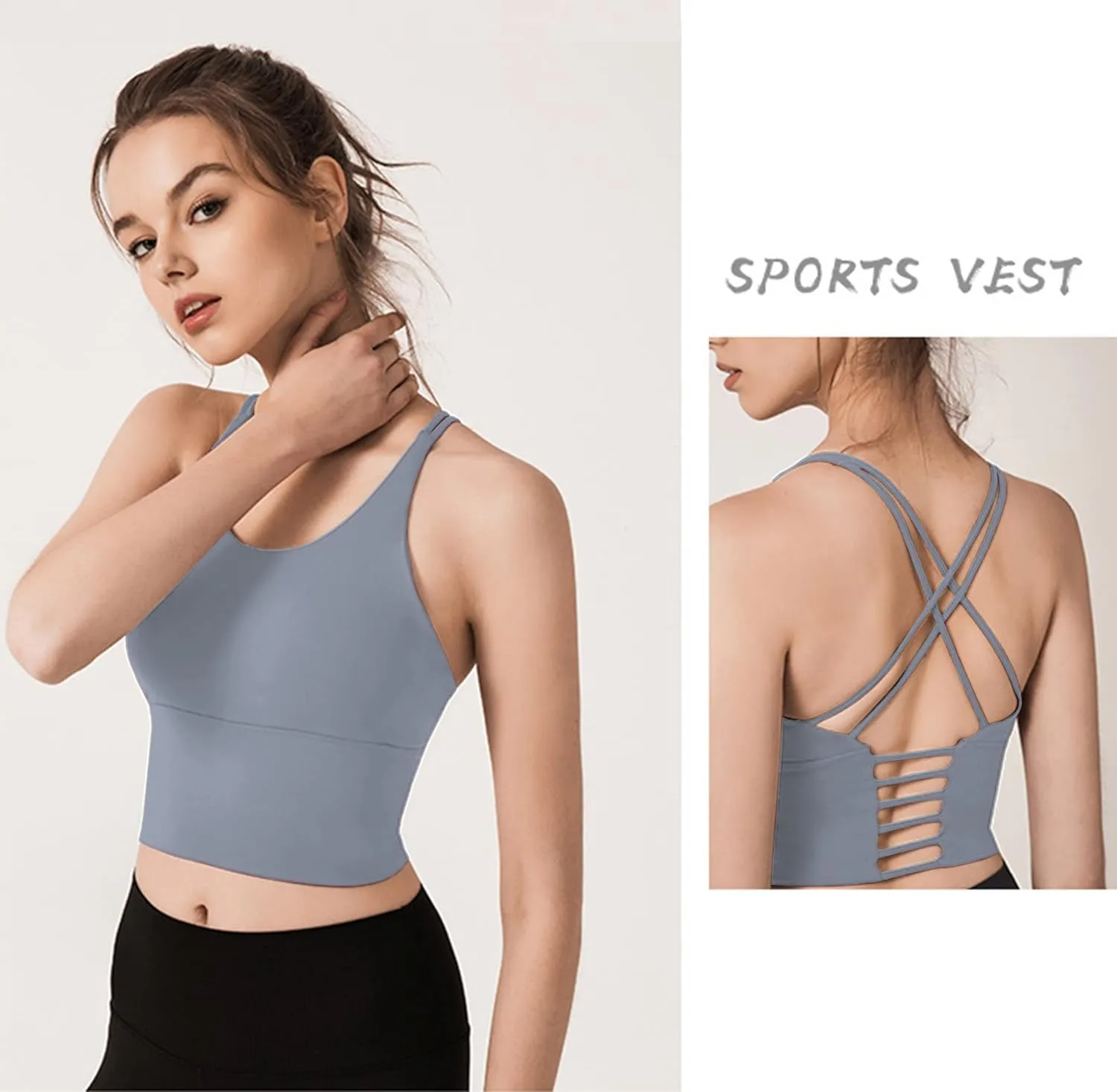 Redqenting Longline Sports Bra for Women with Removable Padded,Sexy Criss Cross Back Strappy Yoga Bras Workout Tank Tops