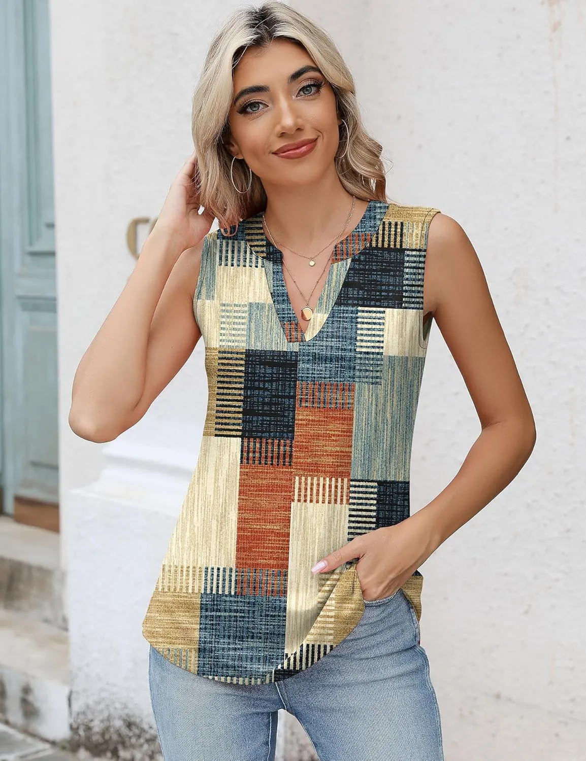 Romanstii Sleeveless Shirts for Women Casual Summer V Neck Tank Tops Dressy Blouses Tunic