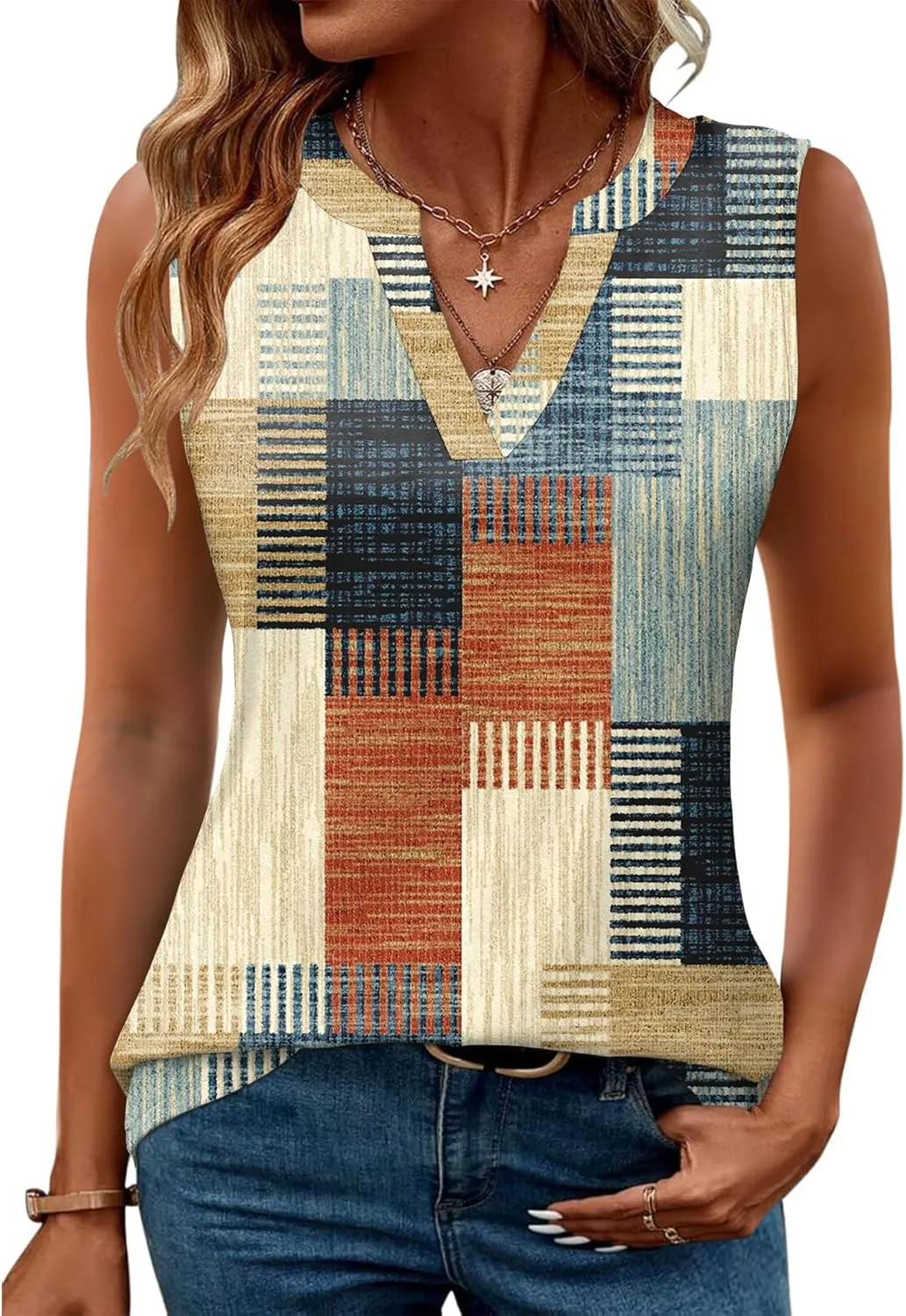 Romanstii Sleeveless Shirts for Women Casual Summer V Neck Tank Tops Dressy Blouses Tunic