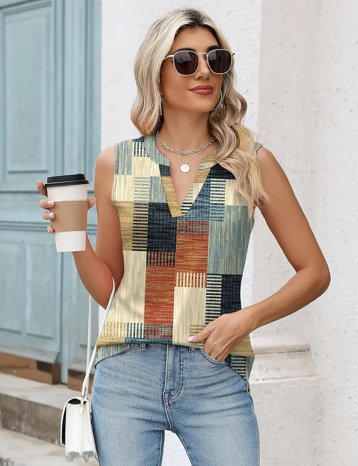 Romanstii Sleeveless Shirts for Women Casual Summer V Neck Tank Tops Dressy Blouses Tunic