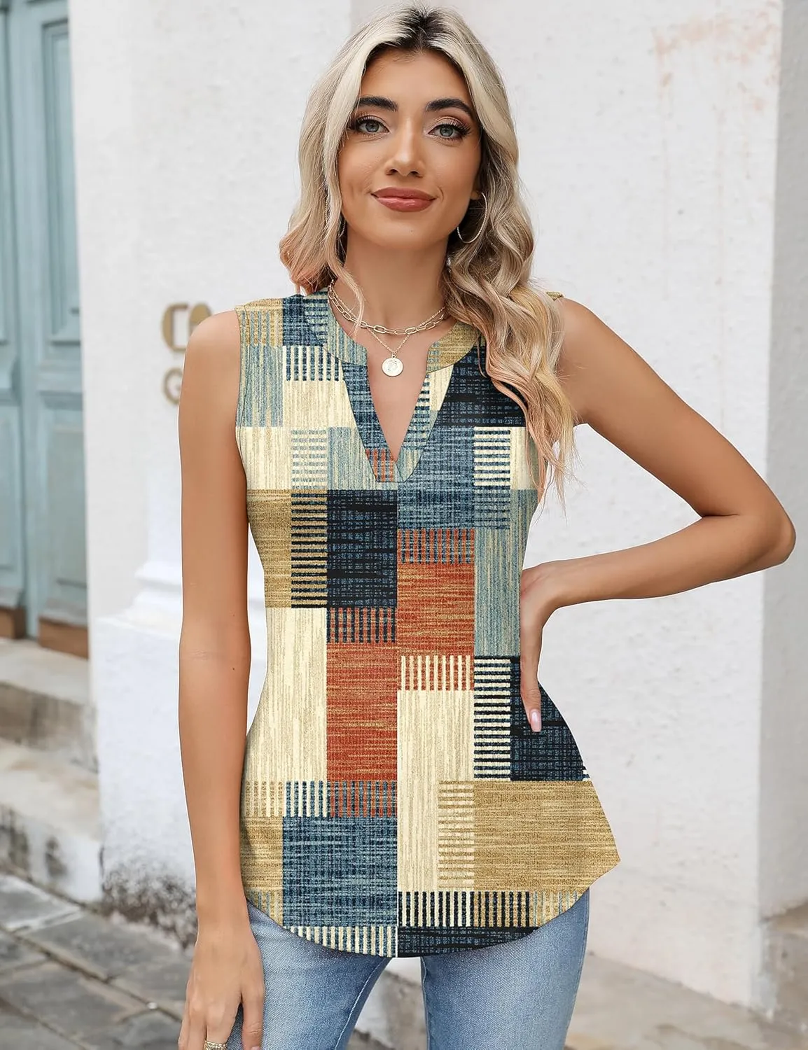 Romanstii Sleeveless Shirts for Women Casual Summer V Neck Tank Tops Dressy Blouses Tunic