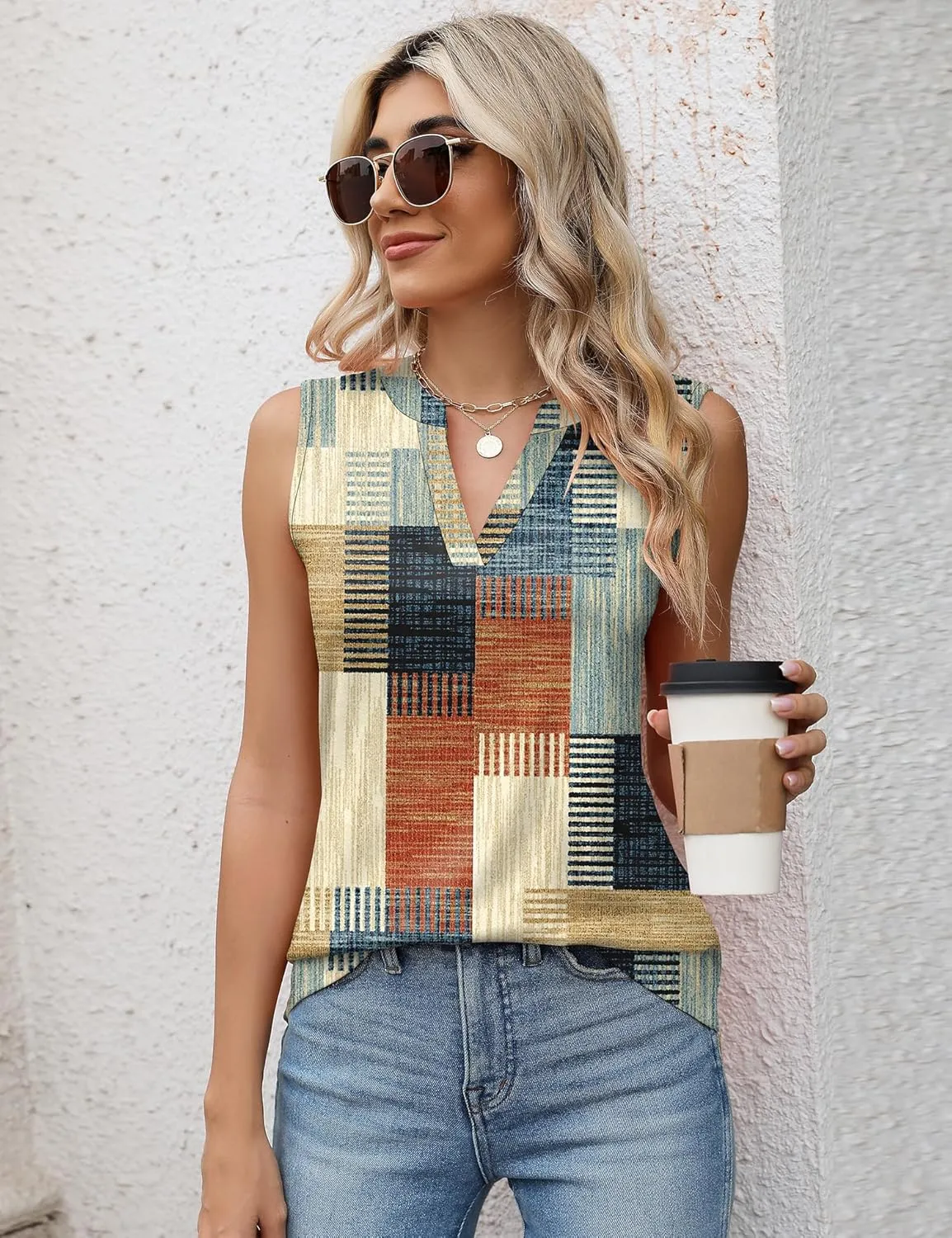 Romanstii Sleeveless Shirts for Women Casual Summer V Neck Tank Tops Dressy Blouses Tunic