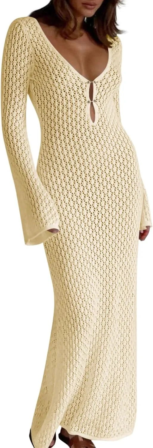 Saodimallsu Womens Crochet Maxi Cover Up Dress Beach Swim Vacation Coverups Long Sleeve Sexy Bodycon Summer Knit Dresses