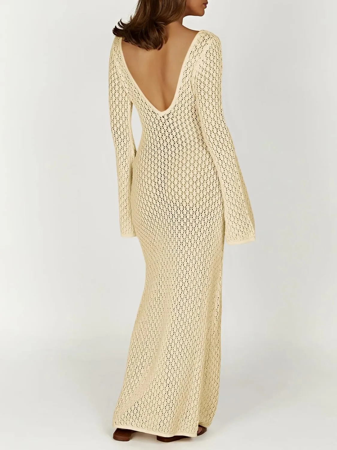 Saodimallsu Womens Crochet Maxi Cover Up Dress Beach Swim Vacation Coverups Long Sleeve Sexy Bodycon Summer Knit Dresses