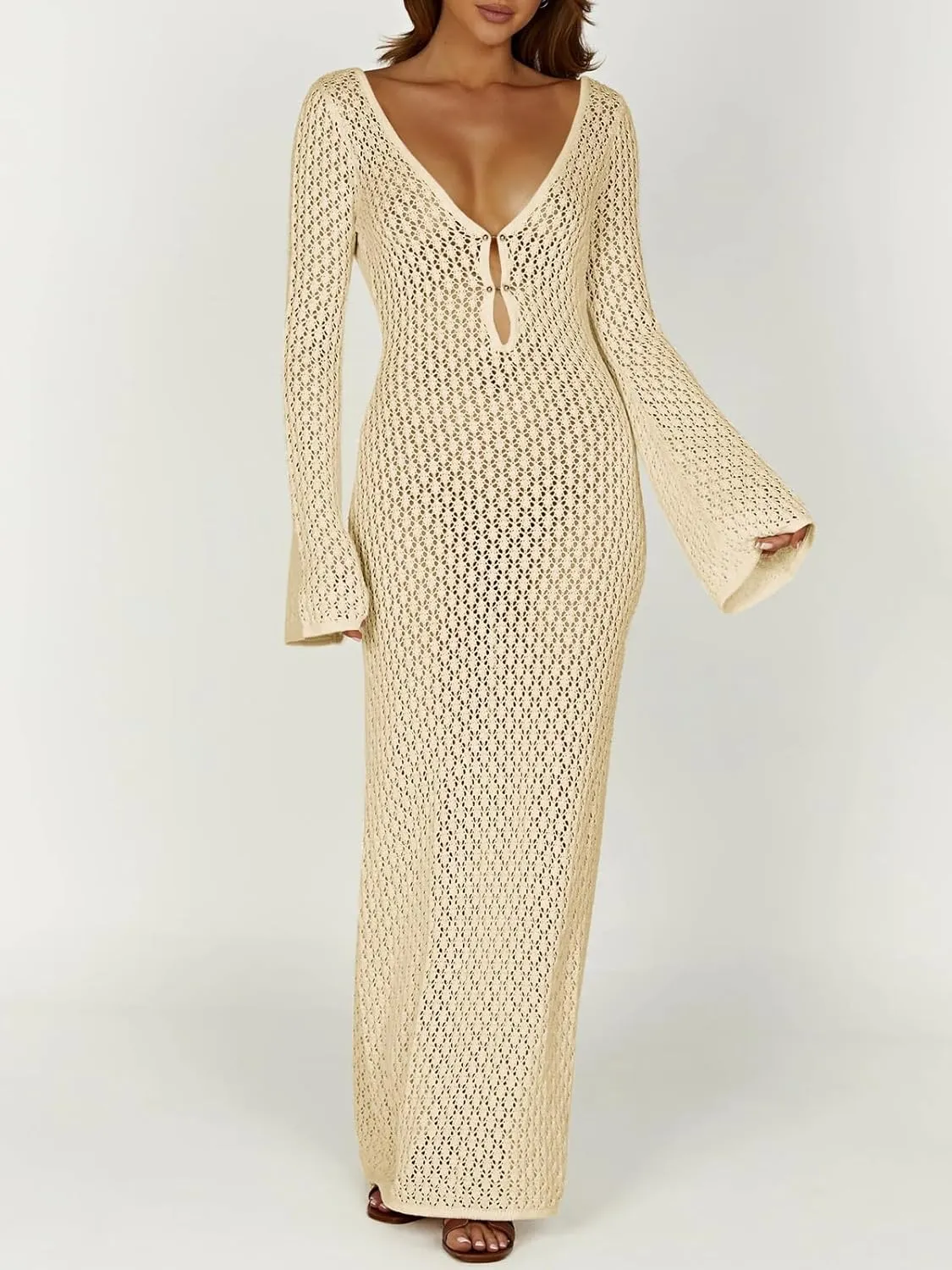 Saodimallsu Womens Crochet Maxi Cover Up Dress Beach Swim Vacation Coverups Long Sleeve Sexy Bodycon Summer Knit Dresses