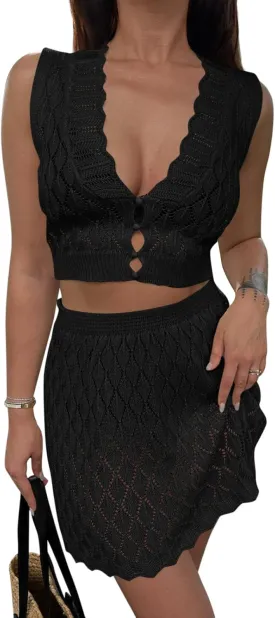 Saodimallsu Womens Two Piece Crochet Swimsuit Cover Ups Sleeveless V Neck Crop Tops Skirt Sets Beach Vacation Outfits